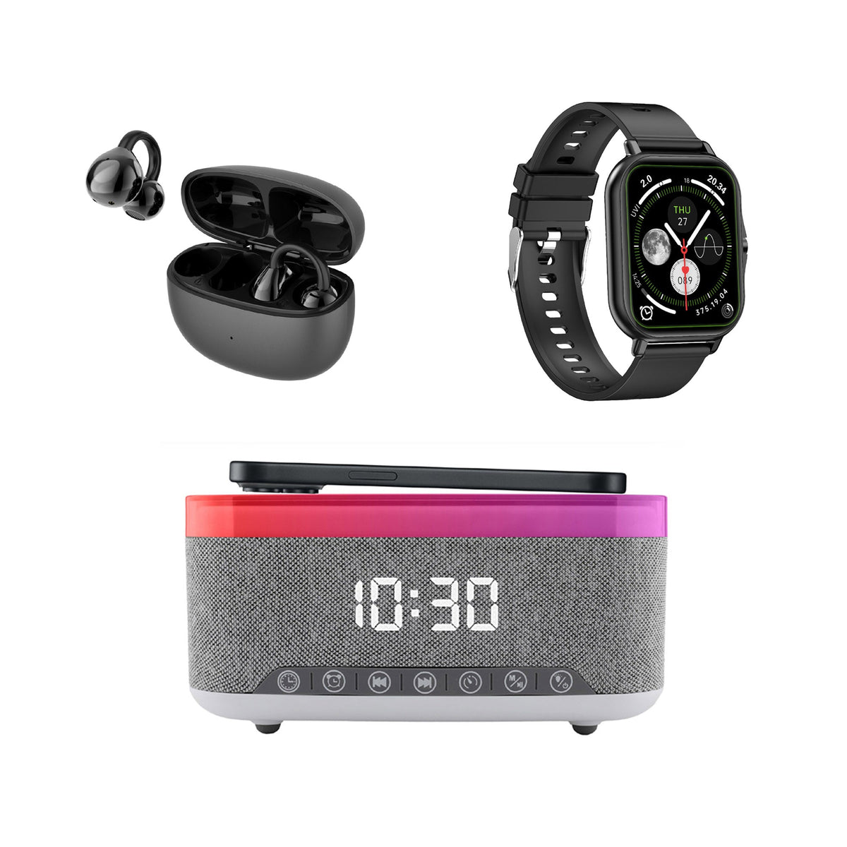 Ultimate Smart Living Bundle – Bluetooth Smart Watch, True Wireless Earbuds & 5-in-1 Alarm Clock Hub